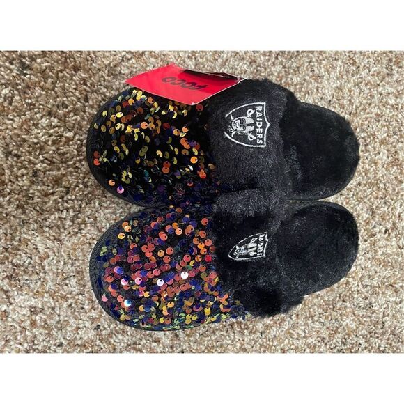 Brand New FOCO NFL Raiders Sequined Slip on Slippers Women’s Small 5-6 - Picture 1 of 6